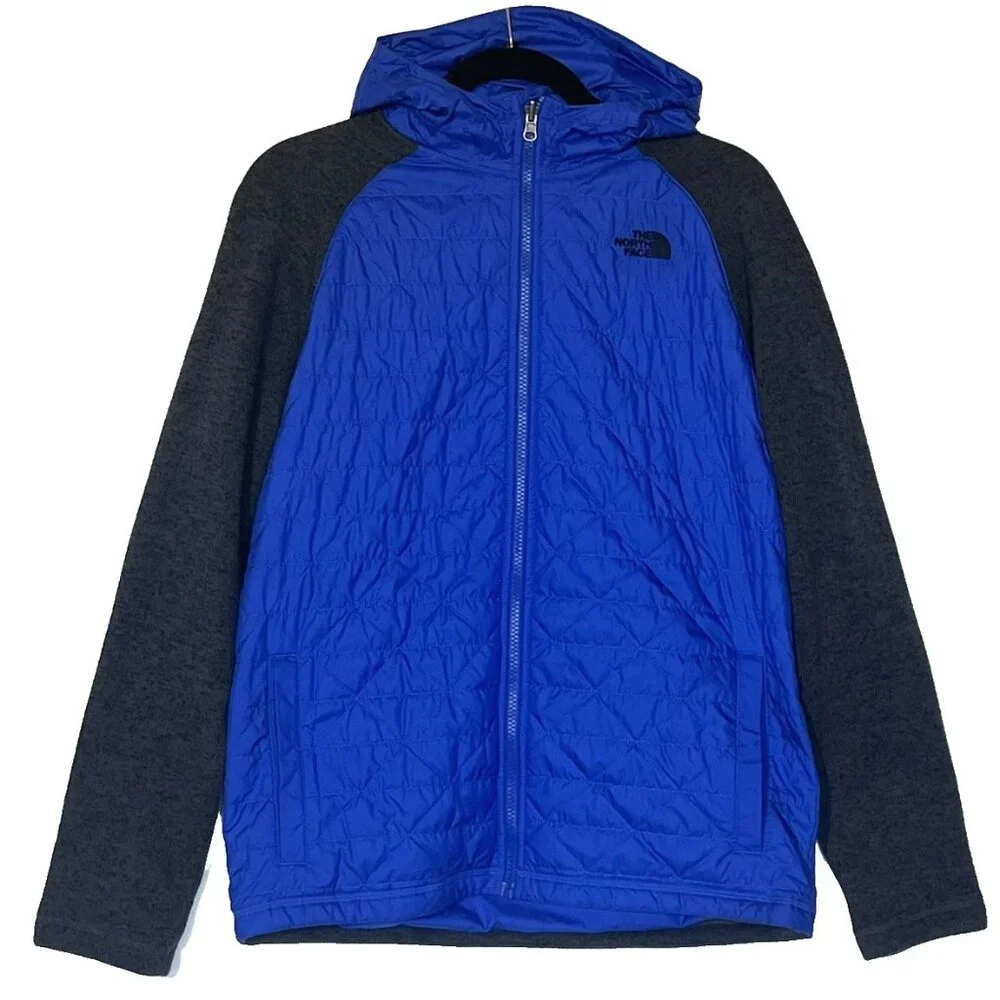 The North Face Blue Black Quilted Fleece Hooded Jacket Young Men Boy 18-20 Sz XL